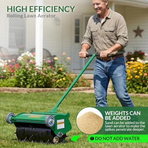 Rolling Lawn Aerator, Heavy Duty Push Spike Aeration Tool Up to 55 lbs, Manual Rotary Grass Aerator for Garden and Yard Use