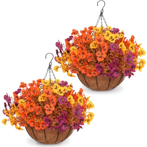 2 Set Artificial Fall Hanging Flower Baskets for Outdoor Autumn Decor - color: Fall Pansy