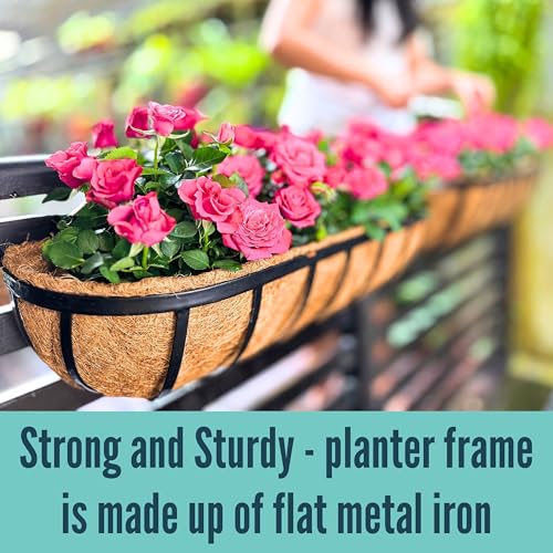 LaLaGreen Railing Planter Box (24 Inch, 4 Pack) Black Metal Rectangular Hanging Planters with Coco Liner, Flower Boxes Brackets for Deck Railings Outdoor Plants Over Rail Fence Balcony Patio Porch - size: 24" (61cm) x 4 pack