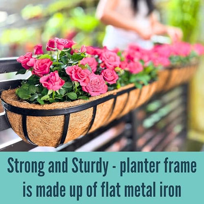 LaLaGreen Railing Planter Box (24 Inch, 4 Pack) Black Metal Rectangular Hanging Planters with Coco Liner, Flower Boxes Brackets for Deck Railings Outdoor Plants Over Rail Fence Balcony Patio Porch - size: 24" (61cm) x 4 pack