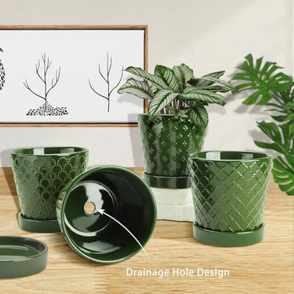 EFISPSS Ceramic Plant Pots, 5 Inch Planters with Drainage Holes and Ceramic Tray, Relief Design Flower Planter, Desktop Office Windowsill Decoration Gift Set of 4 - Blackish Green - color: Blackish Green