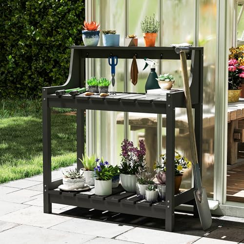 Domi 3-Tier Potting Benches for Outside, HDPE Outdoor Potting Table, Grey - color: Gray