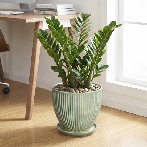 Ceramic Flower Pots, 10 Inch Plant Pot with Saucer, Green - color: Green, size: 10 Inch