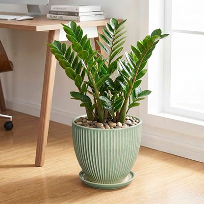 Ceramic Flower Pots, 10 Inch Plant Pot with Saucer, Green - color: Green, size: 10 Inch