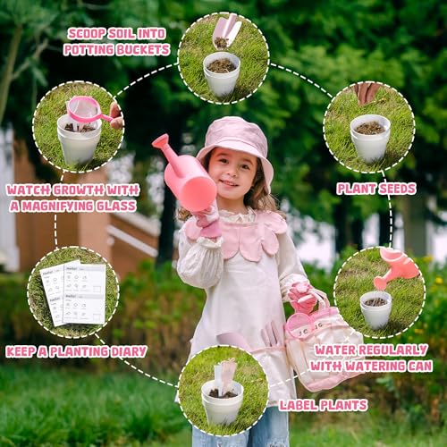 ROBOTIME Kids Gardening Set, 17PCS Kids Gardening Tools for Girls, Toddler Gardening Set with Hat, Apron, Gloves, Watering Can & Tool Bag – Outdoor Garden Toy Kit (Pink) - color: Pink