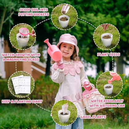 ROBOTIME Kids Gardening Set, 17PCS Kids Gardening Tools for Girls, Toddler Gardening Set with Hat, Apron, Gloves, Watering Can & Tool Bag – Outdoor Garden Toy Kit (Pink) - color: Pink