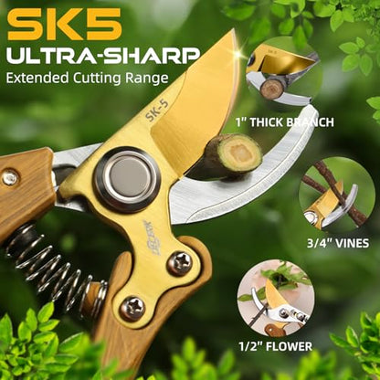 DECERK® 8.5" Premium Bypass Pruning Shears, Wood-Grain Garden Clippers - color: Woodgrain