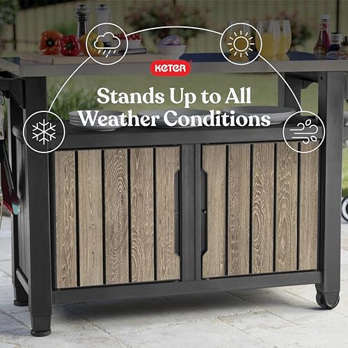 Keter Unity XL Outdoor Entertainment Cart with Wood‑Look Finish, 78‑Gallon Patio Storage Cabinet, Food Prep Station, Stainless‑Steel Top for BBQ, Grill, Patio, Deck & Backyard, Ashwood - color: Ashwood