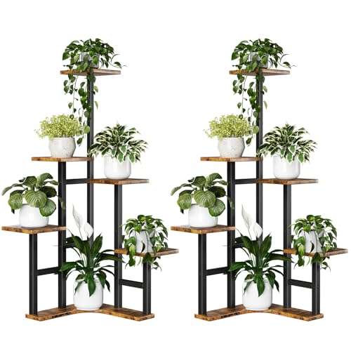 Yzosvki Corner Plant Stand Indoor Set of 2 - color: Rustic Brown, size: 6 Tier-Square-Set of 2