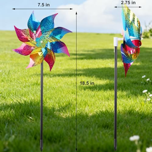 Hausse 12 Pack Reflective Pinwheels with Stakes (Pre-Assembled), Extra Sparkly Rainbow Pin Wheel for Garden Decor, Bird Repellent Devices Deterrent to Scare Birds Away from Yard Patio Farm, Colorful - color: Colorful