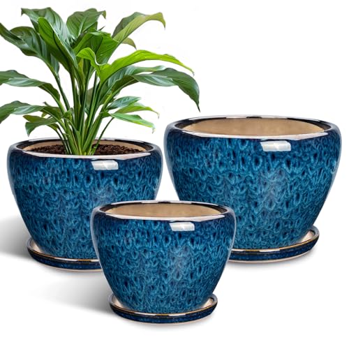 Ceramic Plant Pots Indoor, 10 Inch 8 Inch 6 Inch Round Planters Pots for Indoor Outdoor Plants, Modern Large Flower Pots with Drainage Holes and Saucers, Set of 3, Blue - color: Blue