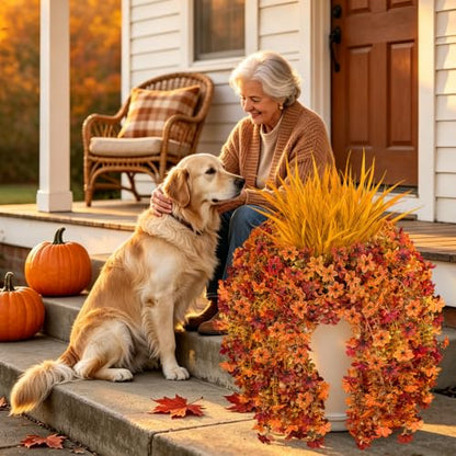 7PCS Artificial Fall Hanging Flowers for Outdoor, Six-Petaled Faux Mums - color: Orange
