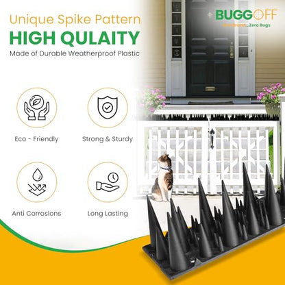 BUGGOFF - Bird & Rodent Spikes, Unique Spike Pattern effecitviely deteres Pesky Pigeons, Squirrels, Raccoons. Installs on Fences, Gates, Roofs, Walls and More! (13 Feet, Black Plastic) - color: Black Plastic