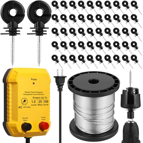 MorningRo Electric Fence Charger Kit 1J 25 Mile 250ft Wire 50 Insulators - style: 1 Joule