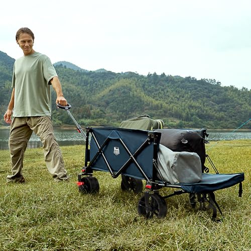 Timber Ridge Beach Wagon with Tailgate, 300 lbs Heavy Duty Collapsible Wagon with All-Terrain Big Brakes Wheels, Foldable Utility Cart for Sand Sports Shopping, Blue - color: Blue