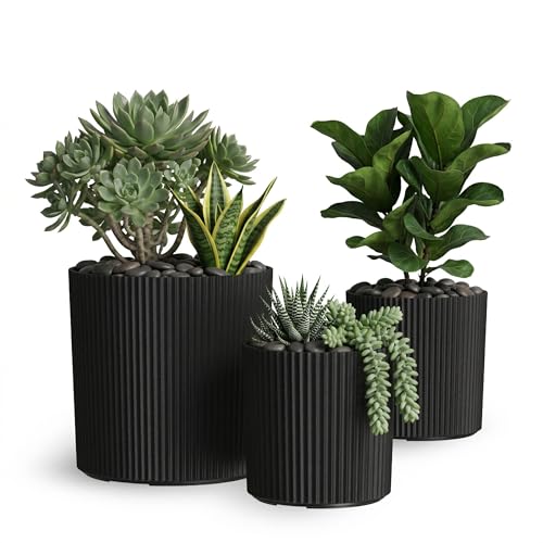 Mayne Haven Round Fluted Modern Planter Set, Black, 3-Pack - color: Black, size: 10in, 12in, and 14in