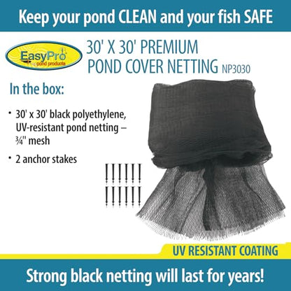 EasyPro NP3030 Premium 3/4-Inch Pond Cover Netting, 30-Feet x 30-Feet with 12 Stakes - size: 30' x 30' with 12 stakes, style: Standard 3/4" Mesh