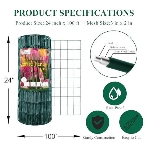 Green PVC Coated Welded Wire Fence 24" x 100' Roll, 2"x3" Mesh, 16 Gauge - color: Green, size: 2''x3'' 16GA 24''x100'