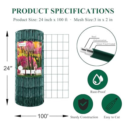 Green PVC Coated Welded Wire Fence 24" x 100' Roll, 2"x3" Mesh, 16 Gauge - color: Green, size: 2''x3'' 16GA 24''x100'