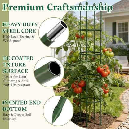2 Pack Heavy Duty Round Tomato Cage | 63 Inch Rustproof Steel Core Plastic Coated Garden Tomato Trellis | Metal Large Plant Support for Tomato, Cucumber, Beans, Flowers, Vegetables Indoor Outdoor