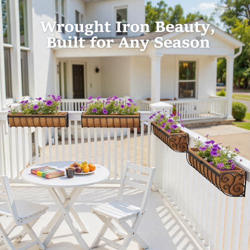 VOXOR Railing Planter Boxes, 24 Inch Window Boxes Planters, Balcony Planters with Adjustable Brackets & Coco Liner for Outdoor Fence, Deck, Porch, and Patio Gardening, 3 Pack - size: 24 Inch