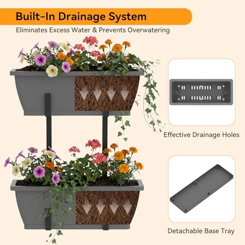 CADUKE 2 Tier Deck Railing Planter Boxes, Adjustable Hanging Railing Planter, Outdoor Railing Flower Boxes, Window Flower Boxes for Deck Railings, Gray - color: Gray