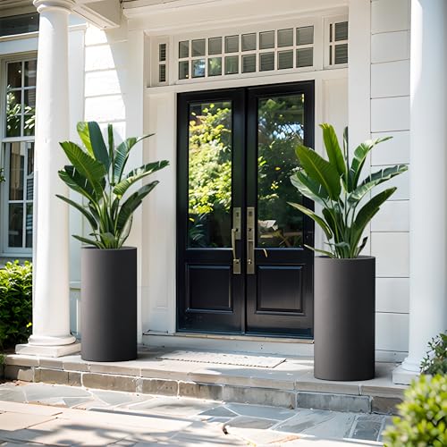 Kante Large Round Column Black Concrete Planter 27.8" Tall, Outdoor - color: Black, size: 27.8“h
