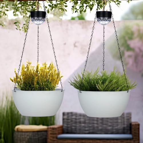 SUNNYPARK 2 Pack Solar Hanging Planters for Plants Outdoor - color: White