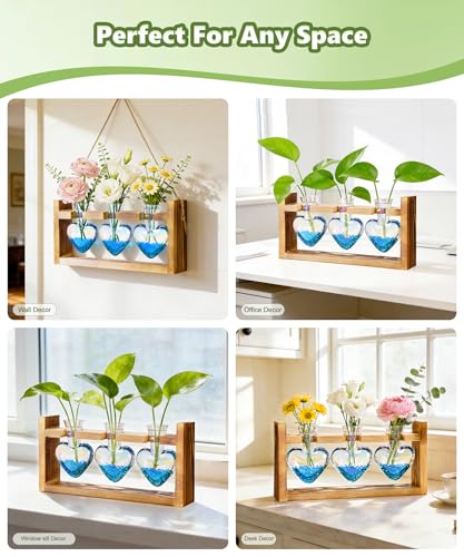 Nacome Plant Terrarium with Wooden Stand, 3 Heart Bulb Glass Vases - color: Iridescent Clear