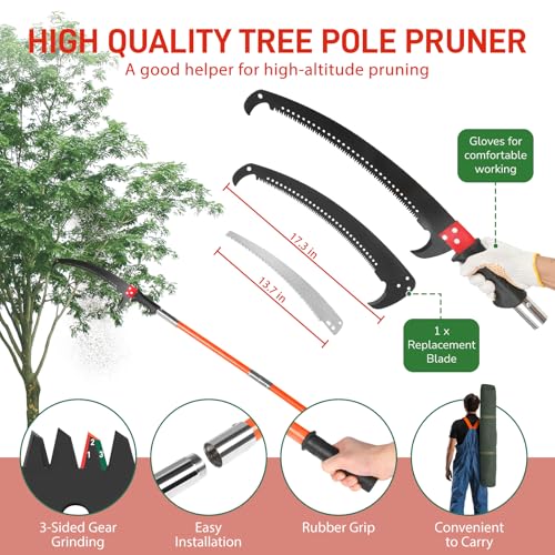 Outvita Manual Pole Saw, 26 Feet Extendable Tree Pruner with Knives and Storage Pocket, Sharp Steel Blade and Scissors High Branches Trimming for Pruning Palms and Shrubs（Orange） - color: Orange, size: 26 feet
