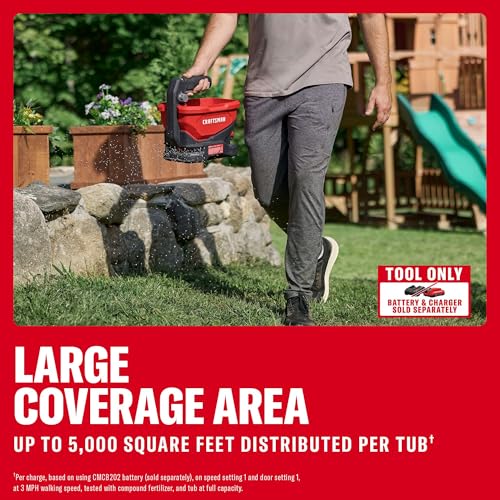 Craftsman V20 Four Season Seed Spreader Handheld, 1.2 Gal, 6 Speed, Fertilizer Spreader, Salt, Ice Melt, Covers up to 5,000 sqf per Tub, Tool Only (CMCOE300B)