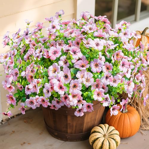 Daisy Artificial Flowers for Outdoors Decor, 12 Bundles Faux Daisy with Eucalyptus Fake Plants Greenery UV Resistant Look Real Colorful Faux Flowers for Outside Planter Porch Patio Yard Gardens, Pink - color: Pink