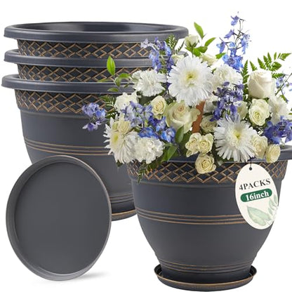 Usocik 16 Inch Outdoor Planters, 4 Pack, Gold Plaid - color: Gold, size: 16 Inch - 4 Pack