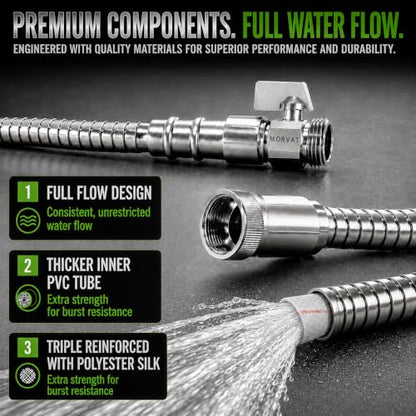 Morvat 100ft Stainless Steel Garden Hose Metal with Brass ON/OFF Valve, Heavy Duty for Nozzle, Water, Yard & Outdoor, Lightweight No-Kink, Crush & Puncture Resistant, Roll of Teflon Tape & 3 Washers - size: 100FT