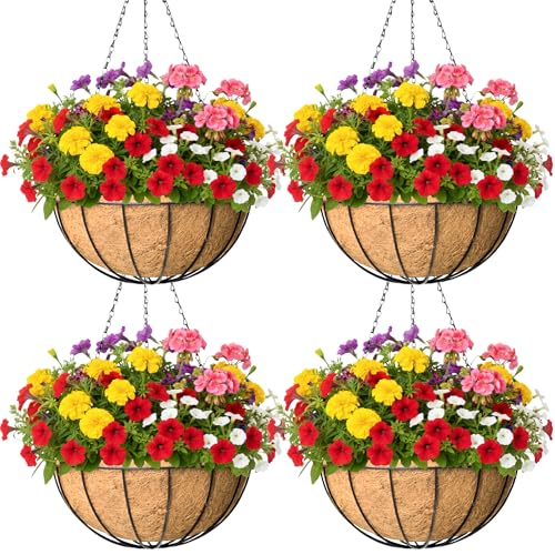 4 Pack 8 Inch Hanging Baskets for Plants Outdoor Metal Hanging Planter Basket with Coco Coir Liner Hanging Flower Baskets Hangings Flower Pots Holder for Garden, Patio(Watermelon) - size: 8 Inch, style: Garden