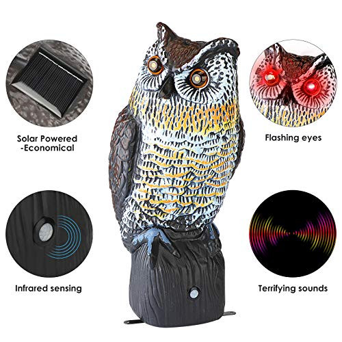 Fake Owl Decoys to Scare Birds Away, Plastic Owl Bird Deterrents with Flashing Eyes&Frightening Sound, Bird Scarecrow Nature Enemy Horned Pest Repellent for Outdoor Garden Yard