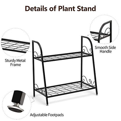 Giantex 2 Tier Metal Plant Stand, Indoor Outdoor Plant Shelf, Flower Rack Display Shelf, Flower Pots Holder with Adjustable Feet for Garden, Balcony, Living Room (2-tier (25'' x 12'' x 24.5'')) - size: 2-tier (25'' x 12'' x 24.5'')