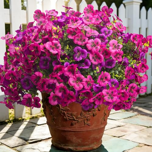 Grunyia Artificial Pansy Flowers 16Pcs Silk Fake Flowers UV Resistant for Outdoors, Lifelike Faux Pansies for Planters Window Boxes Porch Home Decor (Purple & Rose Red) - color: Light Purple+rose Red