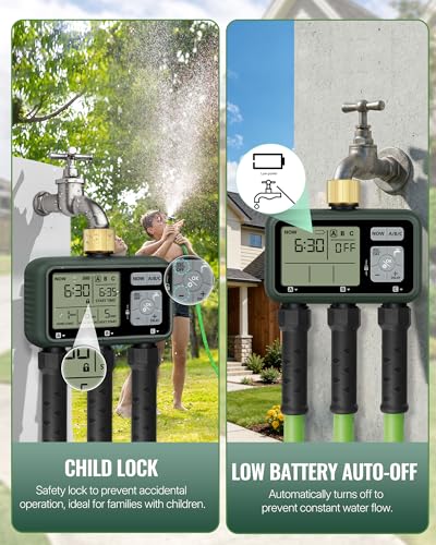 3 Zone Brass Sprinkler Timer, Garden Hose Timer, Automatic Irrigation System, Programmable Faucet, 3 Outlets, with Rain Delay, Manual Mode,Child Lock, for Yard, Garden, Lawn, Green E13WT06