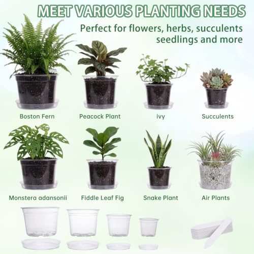 24Pack Clear Nursery Pots with Drainage - 4/6/8/10 Inch Plastic Plant Pots with Saucers & Plant Label, Large Clear Nursery Pots for Indoor Plants, Succulents, Flowers, Seedlings, Herbs, Vegetables