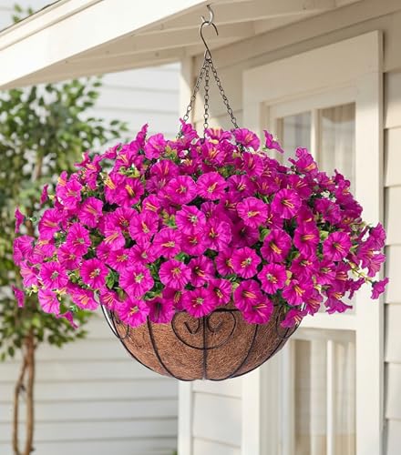 Artificial Fake Hanging Flowers Plants Baskets for Outdoor Fall Decoration, Faux Silk Morning Glory in Planter UV Resistant Realistic for Home Outside Porch Patio Balcony Garden Yard, Fuchsia - color: B Fuchsia