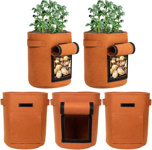 5-Pack 7 Gallon Grow Bags with Harvest Window 300g Thickened Nonwoven Fabric Heavy Duty Plant Pots for Vegetables, Potato, Tomatoes Carrots Gardening Containers with Handles Orange