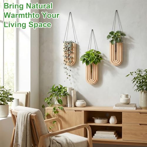 Set of 4 Wooden Wall Planter Vase Hanging Propagation Stations Glass Plant and Flower Vases Wall Plant Holder for Indoor Plants Art Boho Home Room Entryway Hallway Decoration