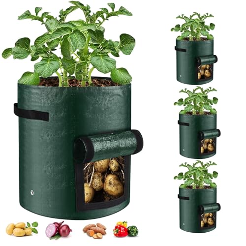 10 Gallon 3-Pack Potato Grow Bags, Heavy Duty PE Fabric Pots with Flap and Handles, Green Planter Bags for Potato Vegetables Outdoor Garden, 17.7''x13.8'' Large for All Plants Growing - size: Green-3 Pack