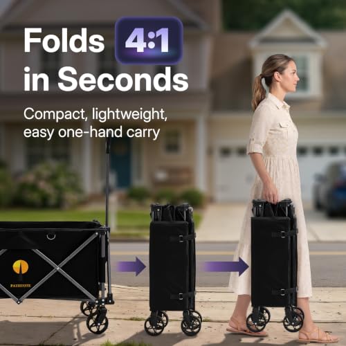 39" L Collapsible Wagon with All-Terrain Wheels, 460 lbs Foldable Cart with Detachable Flashlight, Pockets & Flexible Steering Handle, Black Utility Heavy Duty Folding Beach Wagons Carts - color: Black