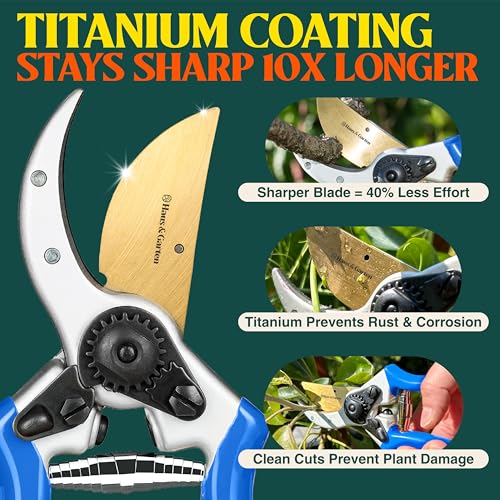 Haus & Garten ClassicPRO 8.5" Premium Titanium Bypass Pruners - Use as Garden Shears Pruning Shears for Gardening, Hand Pruners, Handheld Garden Clippers, Scissor Clipper Tool - color: Blue Non Slip Soft Grips