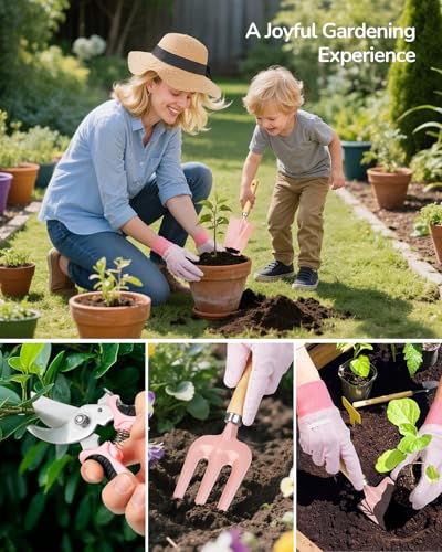 Grenebo Gardening Tools 10-Piece Garden Tool Set with Floral Bag, Pink Red - color: Pink Red