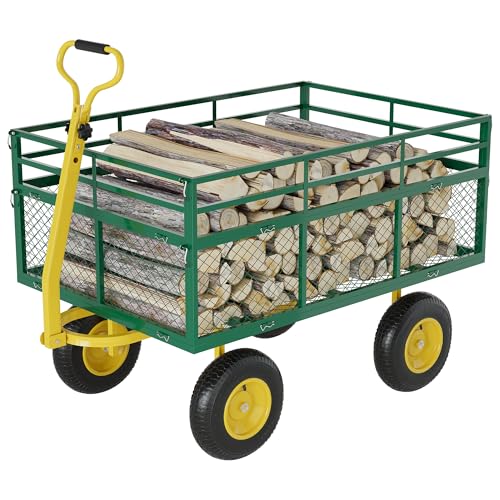 3-in-1 Heavy-Duty Steel Garden Cart, 1400 Lbs Garden Wagon, with 13 Inch All-Terrain Tires and Removable Mesh Side Panels, 180° Rotating Handle, Metal Multi-Function Carts, Outdoor Gardens Wagon Cart - color: Green + Yellow, size: 1400 Lb