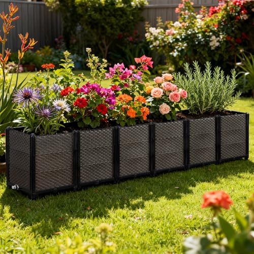 Large Raised Planter Box Outdoor Self Watering 94.4"x15.7"x19.7", Deep Raised Garden Bed - Elevated Garden Box with Drainage Plug, Rectangular Garden Planter Perfect for Patio Balcony Deck - size: L 94"xW 16"xH 20"