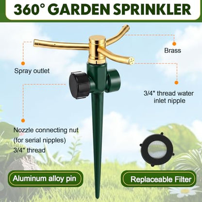 6 Pack Metal Lawn Sprinklers for Yard with Brass Nozzle & Aluminum Alloy Spike Base, Adjustable Automatic Garden Water Sprinkler System with Screen Gasket for Yard Lawn Greenhouse(Green) - color: Green